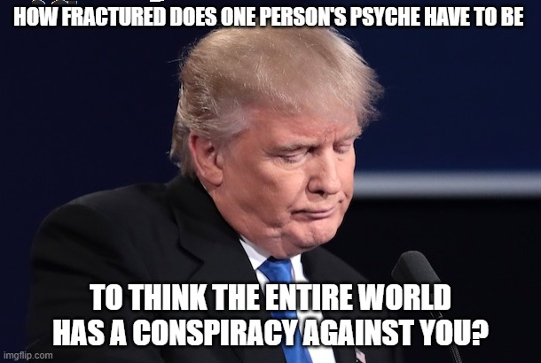 Sad Donald Trump | HOW FRACTURED DOES ONE PERSON'S PSYCHE HAVE TO BE; TO THINK THE ENTIRE WORLD HAS A CONSPIRACY AGAINST YOU? | image tagged in sad donald trump | made w/ Imgflip meme maker