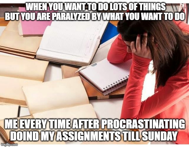 WHEN YOU WANT TO DO LOTS OF THINGS BUT YOU ARE PARALYZED BY WHAT YOU WANT TO DO; ME EVERY TIME AFTER PROCRASTINATING DOIND MY ASSIGNMENTS TILL SUNDAY | made w/ Imgflip meme maker