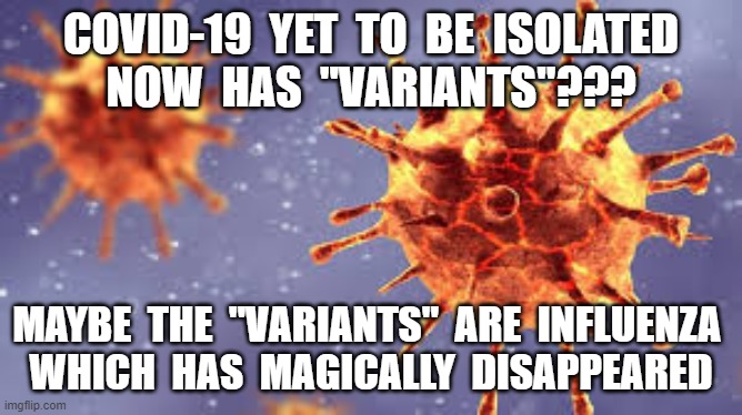 COVID-19  YET  TO  BE  ISOLATED
NOW  HAS  "VARIANTS"??? MAYBE  THE  "VARIANTS"  ARE  INFLUENZA 
WHICH  HAS  MAGICALLY  DISAPPEARED | image tagged in plandemic,covid19,vaccines,variants | made w/ Imgflip meme maker
