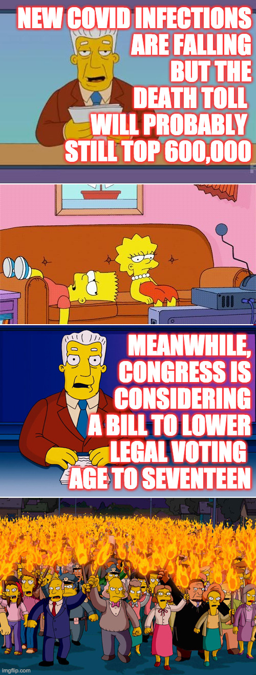 Conservative Americans | NEW COVID INFECTIONS
ARE FALLING
BUT THE
DEATH TOLL 
WILL PROBABLY 
STILL TOP 600,000; MEANWHILE,
CONGRESS IS
CONSIDERING
A BILL TO LOWER
LEGAL VOTING 
AGE TO SEVENTEEN | image tagged in double standard,memes,covid death toll,legal voting age | made w/ Imgflip meme maker
