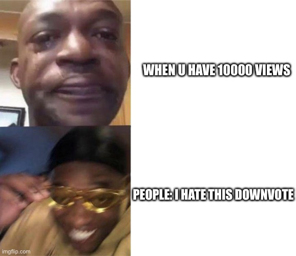 Brrrruh | WHEN U HAVE 10000 VIEWS; PEOPLE: I HATE THIS DOWNVOTE | image tagged in crying black man then golden glasses black man | made w/ Imgflip meme maker