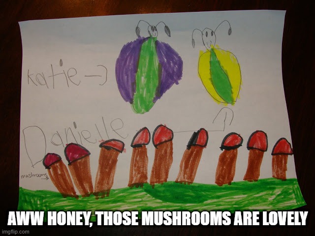 Um, Kid? | AWW HONEY, THOSE MUSHROOMS ARE LOVELY | image tagged in you had one job | made w/ Imgflip meme maker