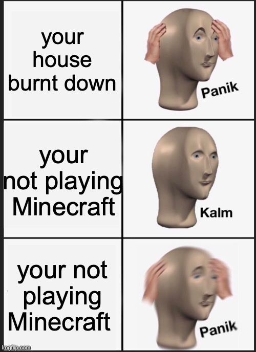 Panik Kalm Panik Meme | your house burnt down; your not playing Minecraft; your not playing Minecraft | image tagged in memes,panik kalm panik | made w/ Imgflip meme maker