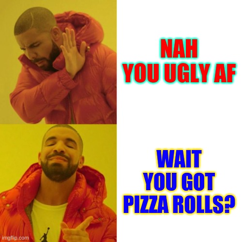 Drake Blank | NAH YOU UGLY AF; WAIT YOU GOT PIZZA ROLLS? | image tagged in drake blank | made w/ Imgflip meme maker
