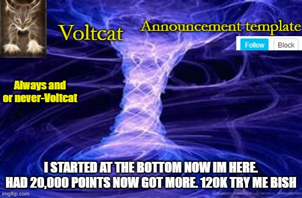 Never thoght I would be at this point in my career | I STARTED AT THE BOTTOM NOW IM HERE. HAD 20,000 POINTS NOW GOT M0RE. 120K TRY ME BISH | image tagged in new volcat announcment template | made w/ Imgflip meme maker