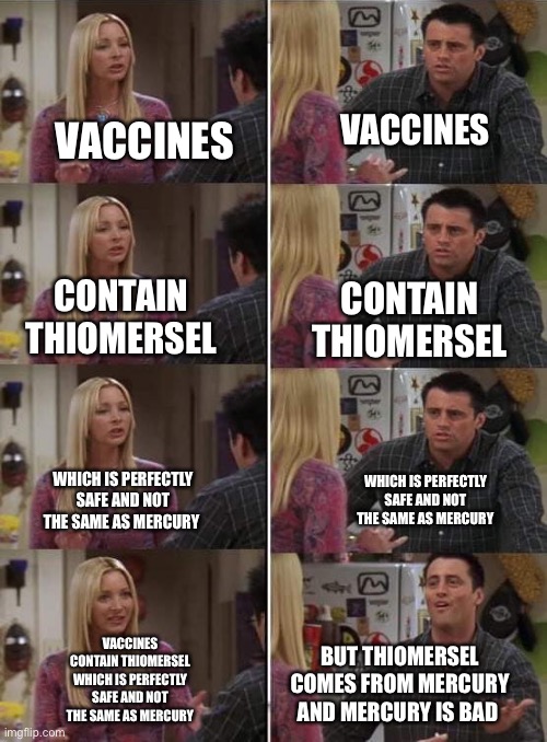 Phoebe teaching Joey in Friends | VACCINES; VACCINES; CONTAIN THIOMERSEL; CONTAIN THIOMERSEL; WHICH IS PERFECTLY SAFE AND NOT THE SAME AS MERCURY; WHICH IS PERFECTLY SAFE AND NOT THE SAME AS MERCURY; VACCINES CONTAIN THIOMERSEL WHICH IS PERFECTLY SAFE AND NOT THE SAME AS MERCURY; BUT THIOMERSEL COMES FROM MERCURY AND MERCURY IS BAD | image tagged in phoebe teaching joey in friends | made w/ Imgflip meme maker