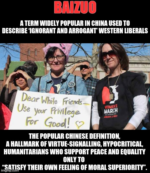 BAIZUO | BAIZUO; A TERM WIDELY POPULAR IN CHINA USED TO DESCRIBE ‘IGNORANT AND ARROGANT’ WESTERN LIBERALS; THE POPULAR CHINESE DEFINITION,
A HALLMARK OF VIRTUE-SIGNALLING, HYPOCRITICAL,
HUMANITARIANS WHO SUPPORT PEACE AND EQUALITY
ONLY TO 
“SATISFY THEIR OWN FEELING OF MORAL SUPERIORITY”. | image tagged in memes | made w/ Imgflip meme maker
