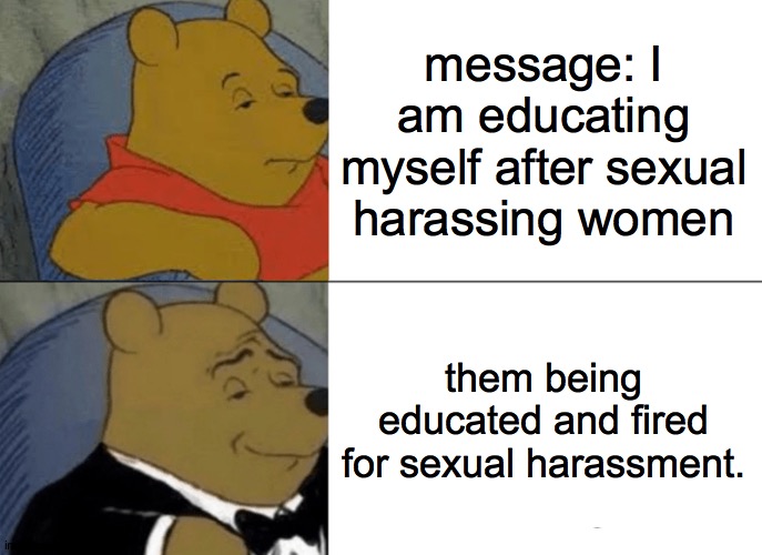 Tuxedo Winnie The Pooh | message: I am educating myself after sexual harassing women; them being educated and fired for sexual harassment. | image tagged in memes,tuxedo winnie the pooh | made w/ Imgflip meme maker