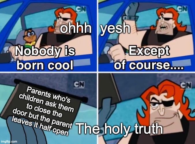 Isn't this like true | ohhh  yesh; Parents who's children ask them to close the door but the parent leaves it half open; The holy truth | image tagged in nobody is born cool,relatable | made w/ Imgflip meme maker