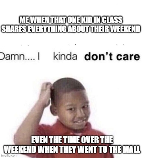 that one annoying kid in class | ME WHEN THAT ONE KID IN CLASS SHARES EVERYTHING ABOUT THEIR WEEKEND; EVEN THE TIME OVER THE WEEKEND WHEN THEY WENT TO THE MALL | image tagged in damn i kinda dont care,annoying people,tmi | made w/ Imgflip meme maker