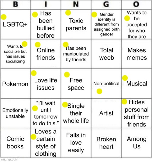 Love life issues refers to the fact that People tend to push themselves on me, knowing I'm asexual and aromantic. | image tagged in jer-sama's bingo | made w/ Imgflip meme maker