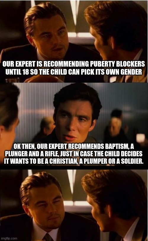 In my expert opinion | OUR EXPERT IS RECOMMENDING PUBERTY BLOCKERS UNTIL 18 SO THE CHILD CAN PICK ITS OWN GENDER; OK THEN, OUR EXPERT RECOMMENDS BAPTISM, A PLUNGER AND A RIFLE, JUST IN CASE THE CHILD DECIDES IT WANTS TO BE A CHRISTIAN, A PLUMPER OR A SOLDIER. | image tagged in memes,inception,in my expert opinion,there are only two genders,let god decide,our expert wins | made w/ Imgflip meme maker