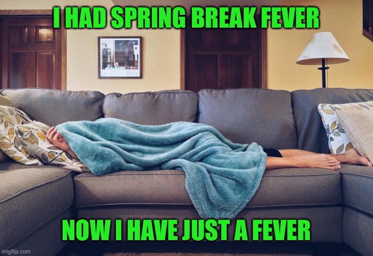 And they can’t wait to share it with the rest of us | I HAD SPRING BREAK FEVER; NOW I HAVE JUST A FEVER | image tagged in too much spring break | made w/ Imgflip meme maker