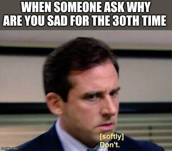 Michael Scott Don't Softly | WHEN SOMEONE ASK WHY ARE YOU SAD FOR THE 30TH TIME | image tagged in michael scott don't softly,funny,msmg | made w/ Imgflip meme maker