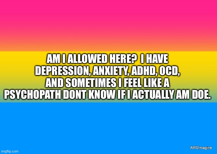 ??? | AM I ALLOWED HERE?  I HAVE DEPRESSION, ANXIETY, ADHD, OCD, AND SOMETIMES I FEEL LIKE A PSYCHOPATH DONT KNOW IF I ACTUALLY AM DOE. | image tagged in pans pride | made w/ Imgflip meme maker