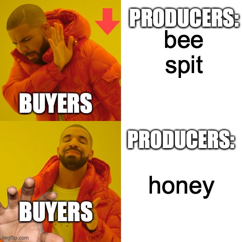 Honeyyyyy | bee spit; PRODUCERS:; BUYERS; PRODUCERS:; honey; BUYERS | image tagged in memes,drake hotline bling,honey | made w/ Imgflip meme maker
