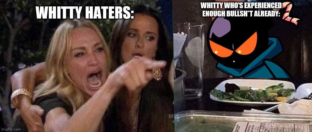 Whitty has seen enough Bullsh*t | WHITTY HATERS:; WHITTY WHO'S EXPERIENCED ENOUGH BULLSH*T ALREADY: | image tagged in woman yelling at whitty | made w/ Imgflip meme maker