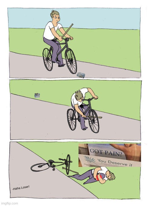 p a i n | -Haha Loser! | image tagged in memes,bike fall,bad luck | made w/ Imgflip meme maker