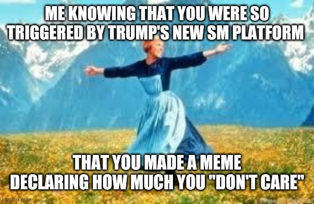 Look At All These Meme | ME KNOWING THAT YOU WERE SO TRIGGERED BY TRUMP'S NEW SM PLATFORM THAT YOU MADE A MEME DECLARING HOW MUCH YOU "DON'T CARE" | image tagged in memes,look at all these | made w/ Imgflip meme maker
