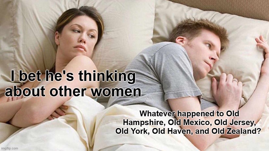 What about East Carolina, West Carolina, East Dakota, West Dakota, North Virginia, South Viriginia, East Virginia? | I bet he's thinking about other women; Whatever happened to Old Hampshire, Old Mexico, Old Jersey, Old York, Old Haven, and Old Zealand? | image tagged in memes,i bet he's thinking about other women | made w/ Imgflip meme maker
