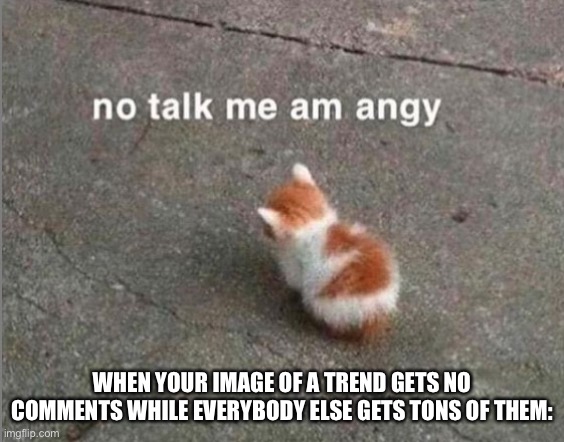 no talk me am angy | WHEN YOUR IMAGE OF A TREND GETS NO COMMENTS WHILE EVERYBODY ELSE GETS TONS OF THEM: | image tagged in no talk me am angy | made w/ Imgflip meme maker