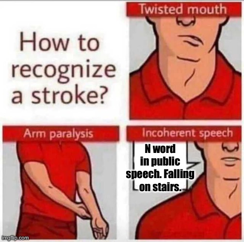How to recognize a stroke | N word in public speech. Falling on stairs. | image tagged in how to recognize a stroke | made w/ Imgflip meme maker