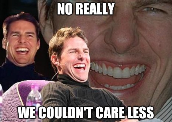 Tom Cruise laugh | NO REALLY WE COULDN'T CARE LESS | image tagged in tom cruise laugh | made w/ Imgflip meme maker