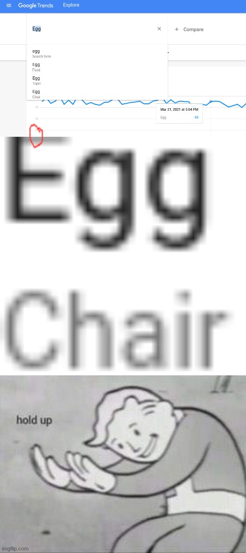 hold up, hold up, a egg is a chair!?!?!?!??!? | image tagged in fallout hold up | made w/ Imgflip meme maker