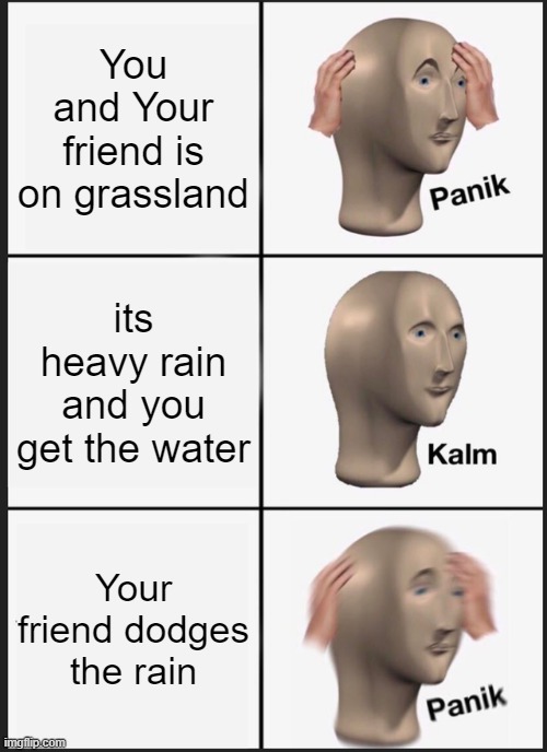 RAIN | You and Your friend is on grassland; its heavy rain and you get the water; Your friend dodges the rain | image tagged in memes,panik kalm panik,lol,speed | made w/ Imgflip meme maker