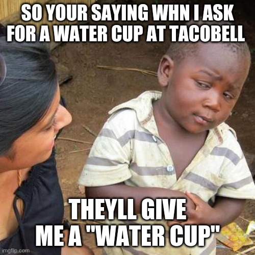 Third World Skeptical Kid Meme | SO YOUR SAYING WHN I ASK FOR A WATER CUP AT TACOBELL; THEYLL GIVE ME A "WATER CUP" | image tagged in memes,third world skeptical kid | made w/ Imgflip meme maker