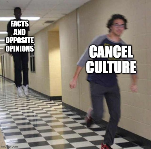 floating boy chasing running boy | FACTS AND OPPOSITE OPINIONS; CANCEL CULTURE | image tagged in floating boy chasing running boy,cancel culture,facts,scared,running,2021 | made w/ Imgflip meme maker