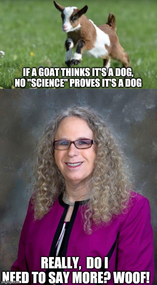 I love science | IF A GOAT THINKS IT'S A DOG, NO "SCIENCE" PROVES IT'S A DOG; REALLY,  DO I  NEED TO SAY MORE? WOOF! | image tagged in politics | made w/ Imgflip meme maker
