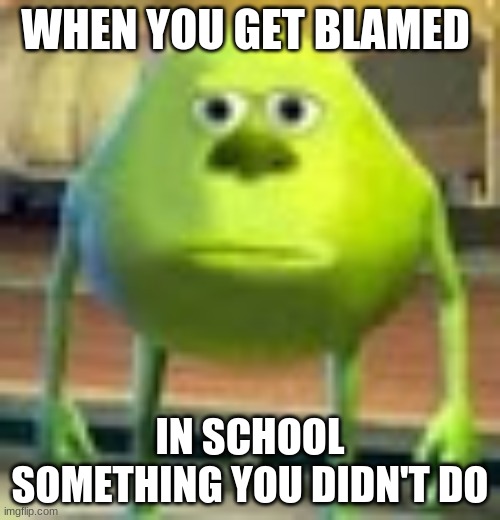 Sully Wazowski | WHEN YOU GET BLAMED; IN SCHOOL SOMETHING YOU DIDN'T DO | image tagged in sully wazowski | made w/ Imgflip meme maker