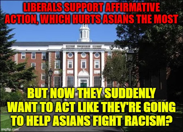 "We stand with you!" say the people making it harder for Asians to get into prestigious colleges | LIBERALS SUPPORT AFFIRMATIVE ACTION, WHICH HURTS ASIANS THE MOST; BUT NOW THEY SUDDENLY WANT TO ACT LIKE THEY'RE GOING TO HELP ASIANS FIGHT RACISM? | image tagged in irony,asian,racism,politics,affirmative action,hypocrisy | made w/ Imgflip meme maker