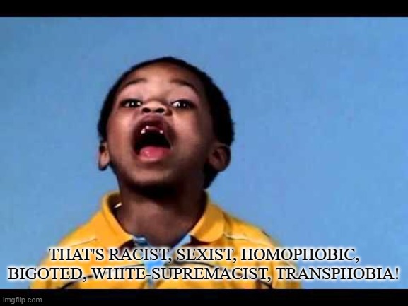 That's racist 2 | THAT'S RACIST, SEXIST, HOMOPHOBIC, BIGOTED, WHITE-SUPREMACIST, TRANSPHOBIA! | image tagged in that's racist 2 | made w/ Imgflip meme maker