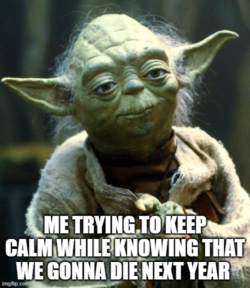 who relates to this | ME TRYING TO KEEP CALM WHILE KNOWING THAT WE GONNA DIE NEXT YEAR | image tagged in memes,star wars yoda | made w/ Imgflip meme maker