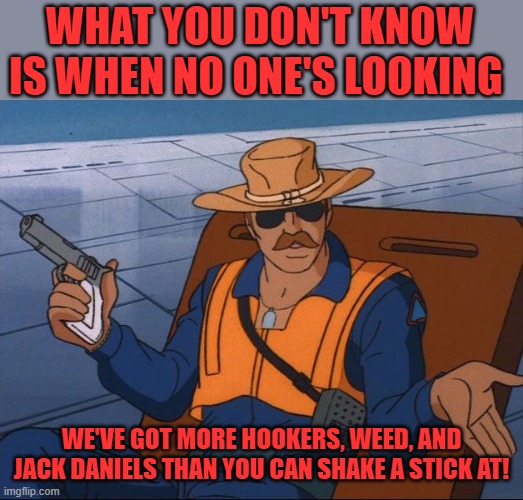 Whatever | WHAT YOU DON'T KNOW IS WHEN NO ONE'S LOOKING WE'VE GOT MORE HOOKERS, WEED, AND JACK DANIELS THAN YOU CAN SHAKE A STICK AT! | image tagged in whatever | made w/ Imgflip meme maker