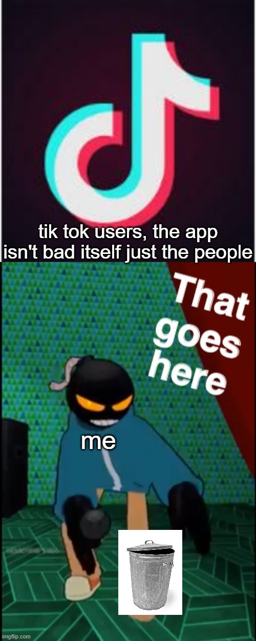tik tok users, the app isn't bad itself just the people; me | image tagged in tik tok,whitty that goes here | made w/ Imgflip meme maker