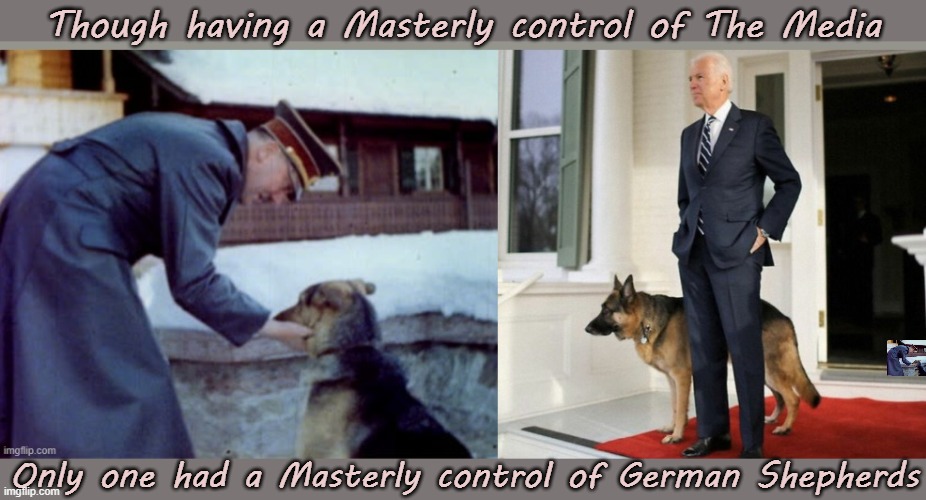 Biden's Dogs | Though having a Masterly control of The Media; Only one had a Masterly control of German Shepherds | image tagged in biden,hitler,dogs | made w/ Imgflip meme maker