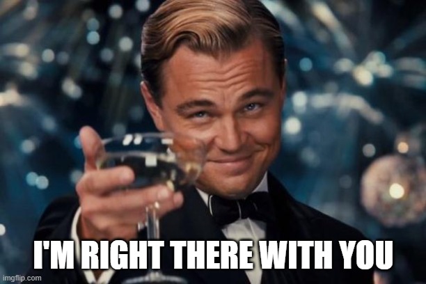 Leonardo Dicaprio Cheers Meme | I'M RIGHT THERE WITH YOU | image tagged in memes,leonardo dicaprio cheers | made w/ Imgflip meme maker