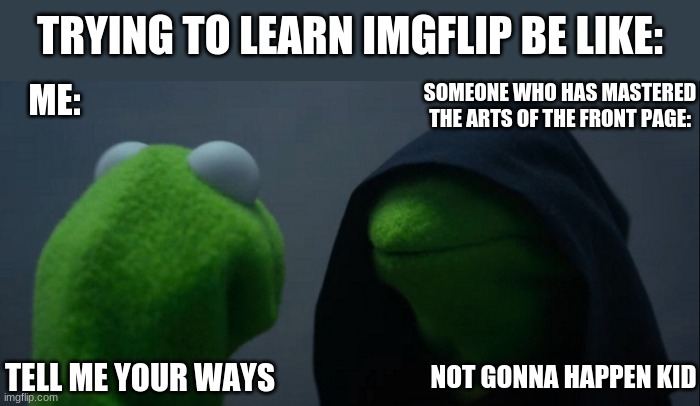 Trying to master the front page be like | TRYING TO LEARN IMGFLIP BE LIKE:; SOMEONE WHO HAS MASTERED THE ARTS OF THE FRONT PAGE:; ME:; TELL ME YOUR WAYS; NOT GONNA HAPPEN KID | image tagged in memes,evil kermit,funny | made w/ Imgflip meme maker