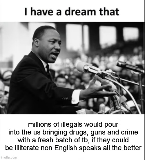 I have a dream |  millions of illegals would pour into the us bringing drugs, guns and crime with a fresh batch of tb, if they could be illiterate non English speaks all the better | image tagged in i have a dream | made w/ Imgflip meme maker