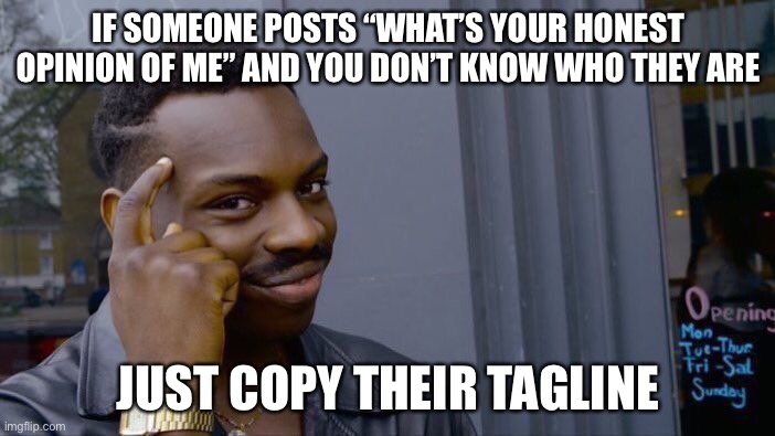 big brain time | IF SOMEONE POSTS “WHAT’S YOUR HONEST OPINION OF ME” AND YOU DON’T KNOW WHO THEY ARE; JUST COPY THEIR TAGLINE | image tagged in memes,roll safe think about it,advice,funny | made w/ Imgflip meme maker