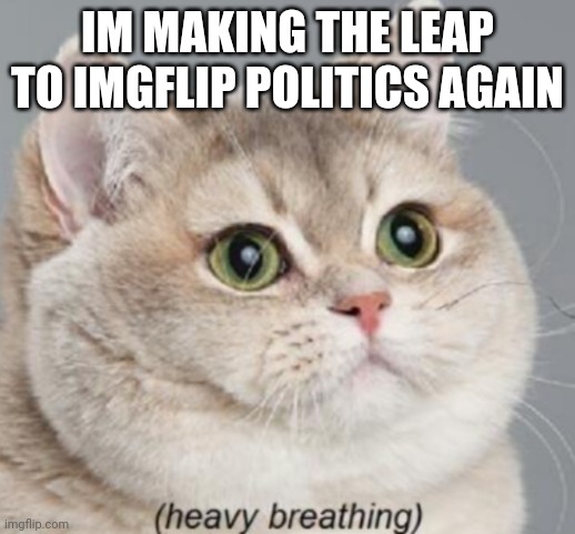 I meant Imgflip presidents politics | IM MAKING THE LEAP TO IMGFLIP POLITICS AGAIN | image tagged in heavy breathing cat | made w/ Imgflip meme maker