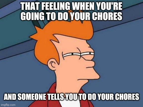 Plz say this doesn't just happen to me | THAT FEELING WHEN YOU'RE GOING TO DO YOUR CHORES; AND SOMEONE TELLS YOU TO DO YOUR CHORES | image tagged in memes,futurama fry | made w/ Imgflip meme maker