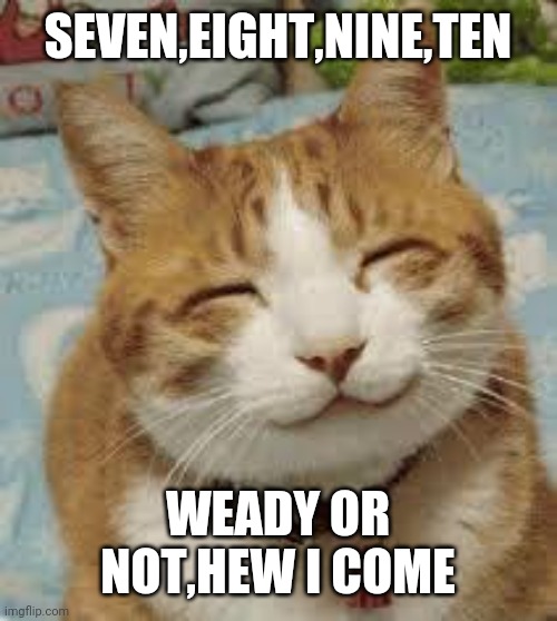Happy cat | SEVEN,EIGHT,NINE,TEN; WEADY OR NOT,HEW I COME | image tagged in happy cat | made w/ Imgflip meme maker