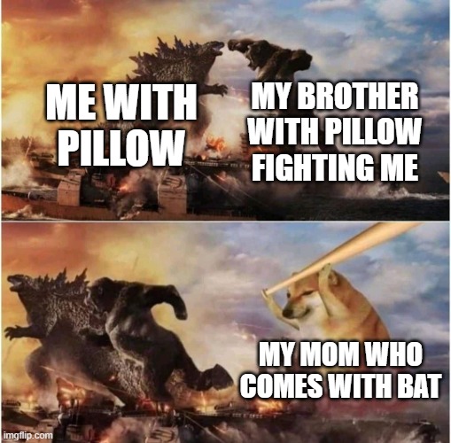 Kong Godzilla Doge | MY BROTHER WITH PILLOW FIGHTING ME; ME WITH PILLOW; MY MOM WHO COMES WITH BAT | image tagged in kong godzilla doge | made w/ Imgflip meme maker