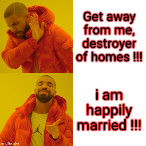 Drake Hotline Bling Meme |  Get away from me, destroyer of homes !!! i am happily married !!! | image tagged in memes,drake hotline bling | made w/ Imgflip meme maker