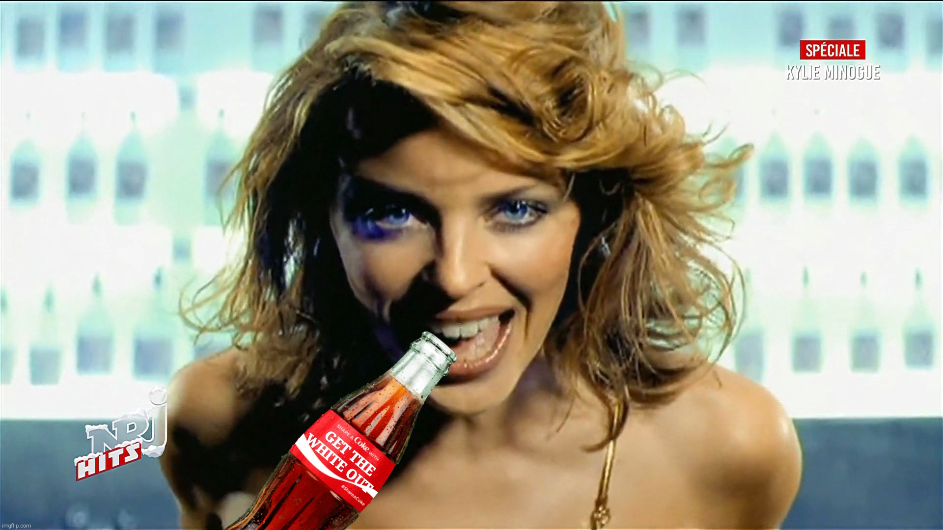 Kylie Minogue Spinning Around while sucking the white poison out of Coca Cola | GET THE WHITE OUT | image tagged in kylie minogue spinning around,coca cola,get the white out of coca cola,kylie minogue,kylieminoguesucks,corn syrup madness | made w/ Imgflip meme maker
