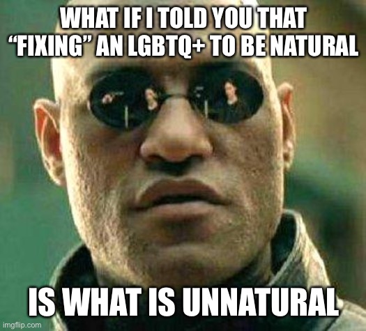 If you have an opinion know some important facts | WHAT IF I TOLD YOU THAT “FIXING” AN LGBTQ+ TO BE NATURAL; IS WHAT IS UNNATURAL | image tagged in what if i told you | made w/ Imgflip meme maker